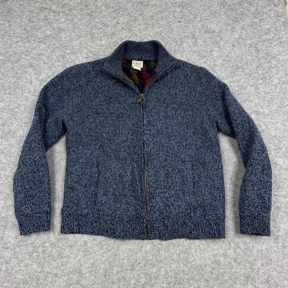LL Bean Sweater Mens XL Blue Full Zip Cardigan Mock Neck Lambswool Lined Plaid